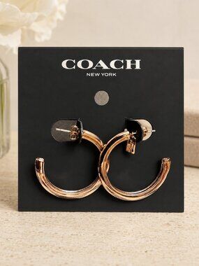 Coach Rose Gold Signature C Logo Hoop Earrings Post Backs NWT